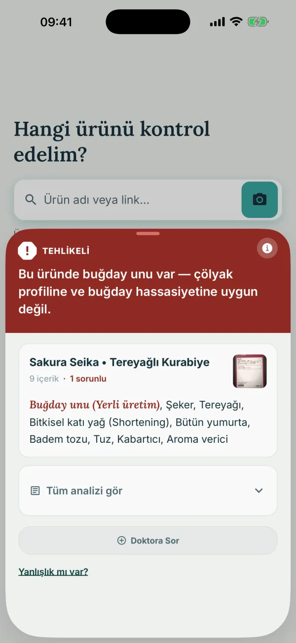 Vilu uygulamasında Japonca bir kurabiye etiketinin sonucu: buğday unu var, çölyak profiline uygun değil.
